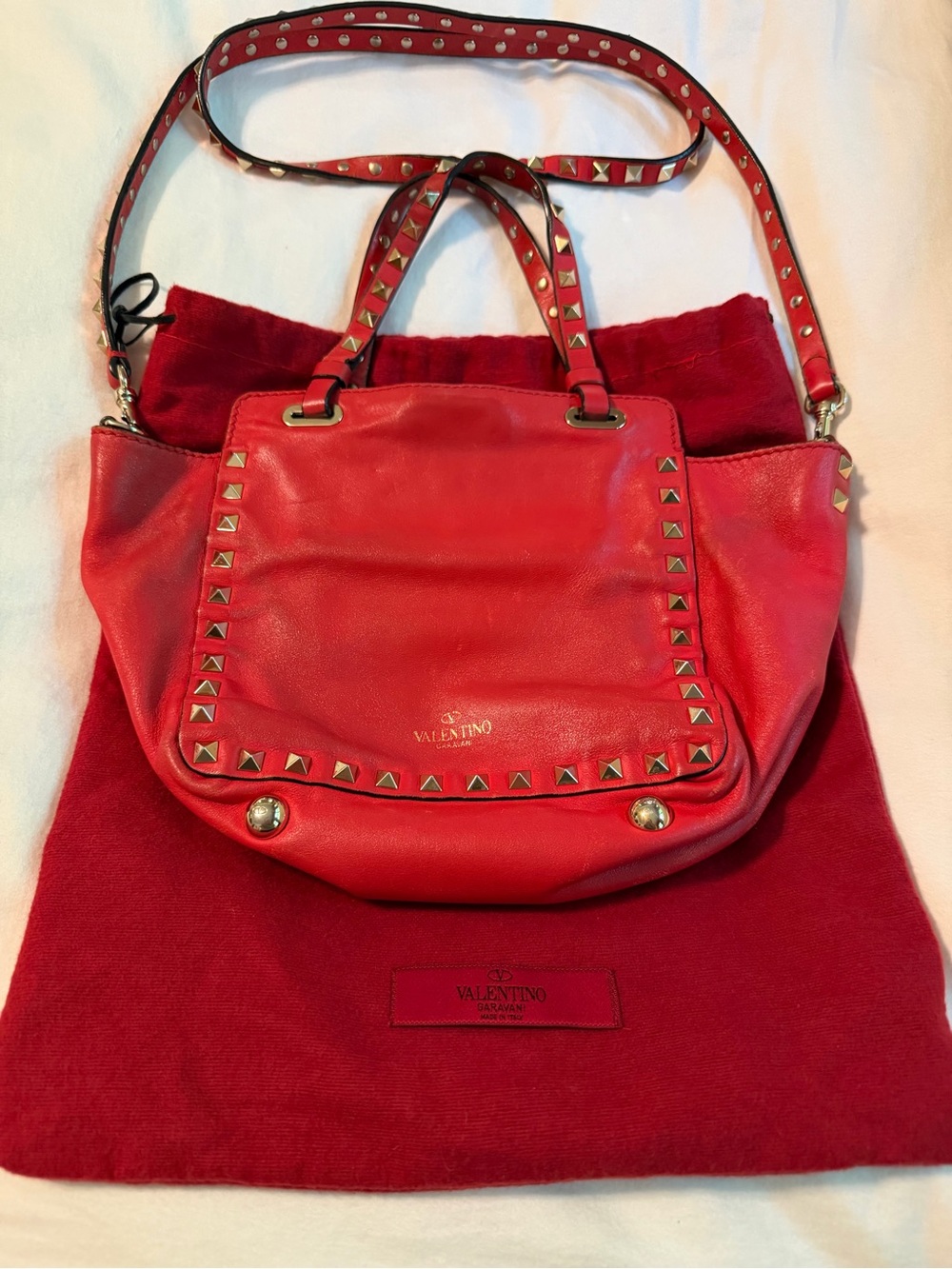 Valentino Red Leather Rockstud Shoulder Bag with Gold-Tone Studs
